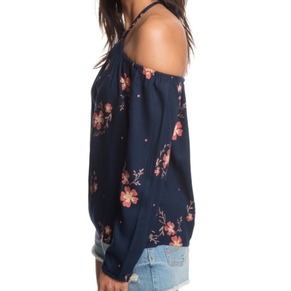 Roxy Women 8 Navy Floral Boho Beach Paradise Eyes Halter Off The Shoulder Top - Picture 2 of 15